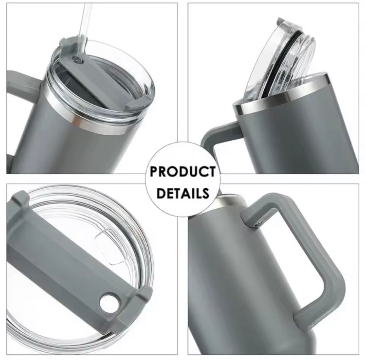 Gray Clarify.pk double wall vacuum tumbler with handle and clear spill-proof lid features