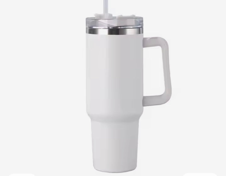 White double wall vacuum tumbler with handle and clear lid for household use