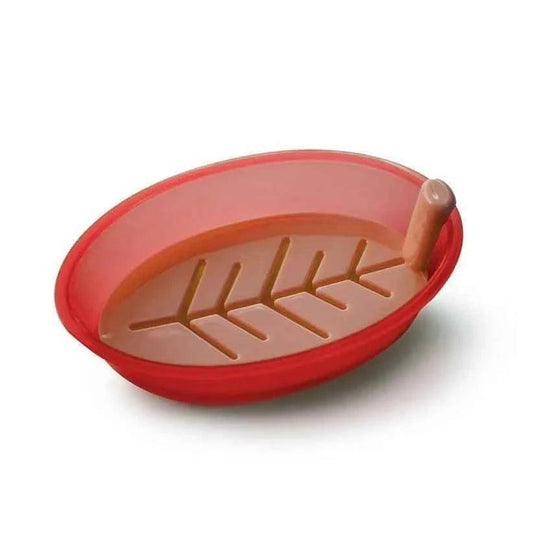 Leaf shape soap box in red with a brown leaf design and a small handle for bathroom use