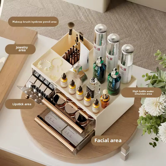 Drawer style makeup organizer by Clarify.pk with compartments for lipstick, jewelry, brushes, and facial care products