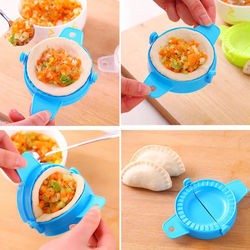 Blue dumpling mold kitchen tool used for shaping and filling dumplings with vegetable mixture on wooden surface