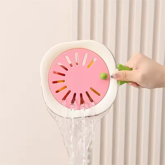 Clarify.pk dust-proof fruit drainer basket in pink and white with water draining through holes