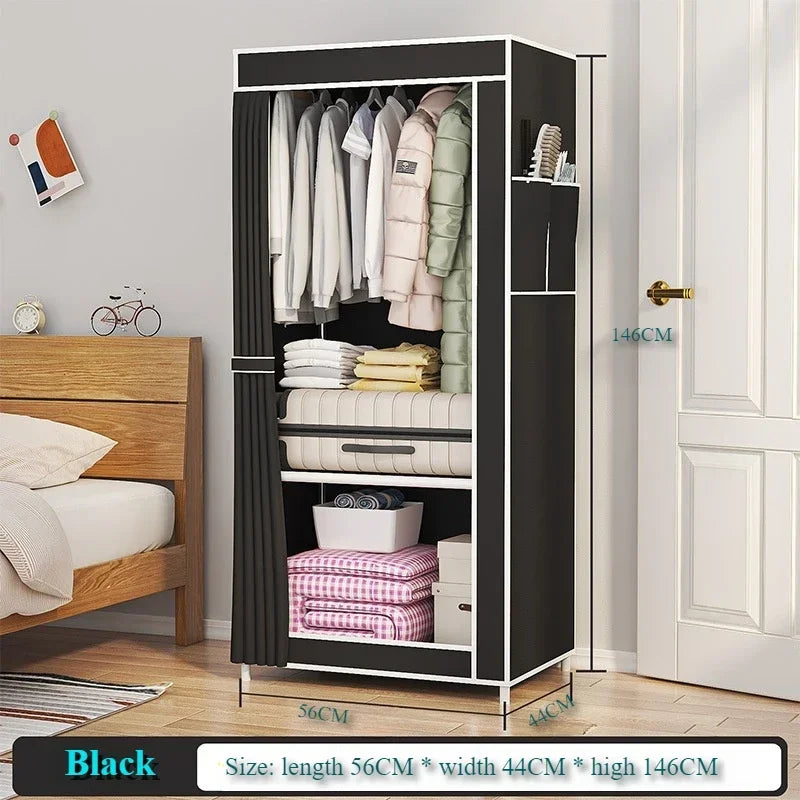 Black dustproof fabric wardrobe by Clarify.pk with shelves and hanging space for clothes and storage