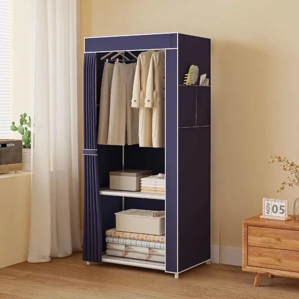 Clarify.pk dustproof fabric wardrobe in navy blue with hanging and shelving storage for clothes