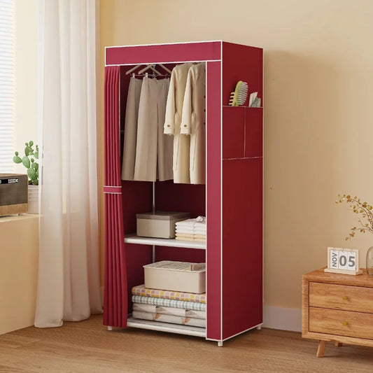 Red dustproof fabric wardrobe by Clarify.pk with hanging space and shelves for organized clothing storage