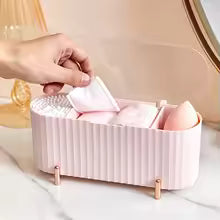 Clarify.pk dustproof makeup organizer box in pink with a transparent lid and compartments for cosmetics