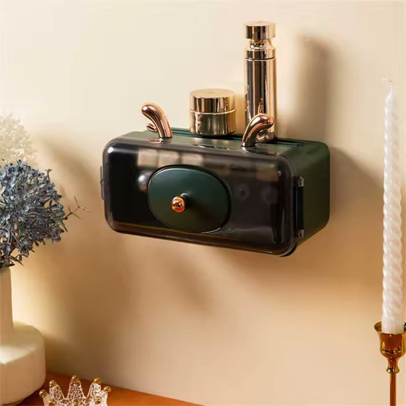 Clarify.pk dustproof makeup organizer for wall in black with gold accents holding beauty products