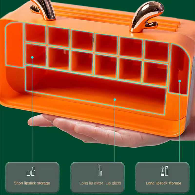 Orange dustproof makeup organizer for wall with multiple compartments for lipsticks and glosses