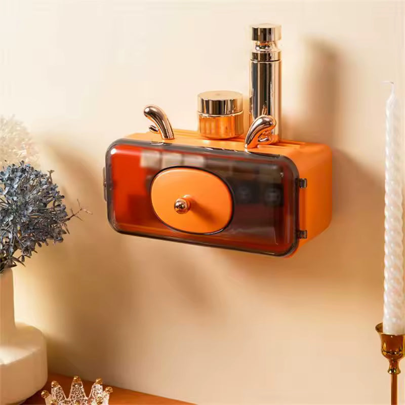 Clarify.pk dustproof makeup organizer for wall in orange with transparent front and gold accents