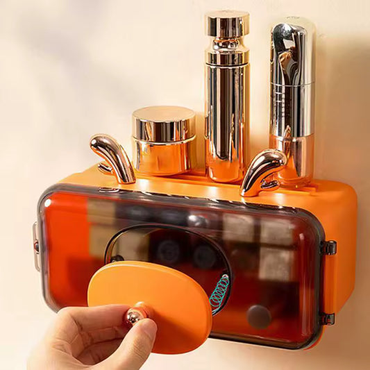 Clarify.pk dustproof makeup organizer for wall in orange holding cosmetics and skincare bottles