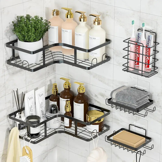 Rustproof 5-Piece Black Bathroom Shelf Set – Wall Mounted