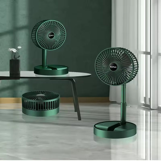 Clarify.pk mini foldable fan for dormitory in green shown in different positions on floor and table