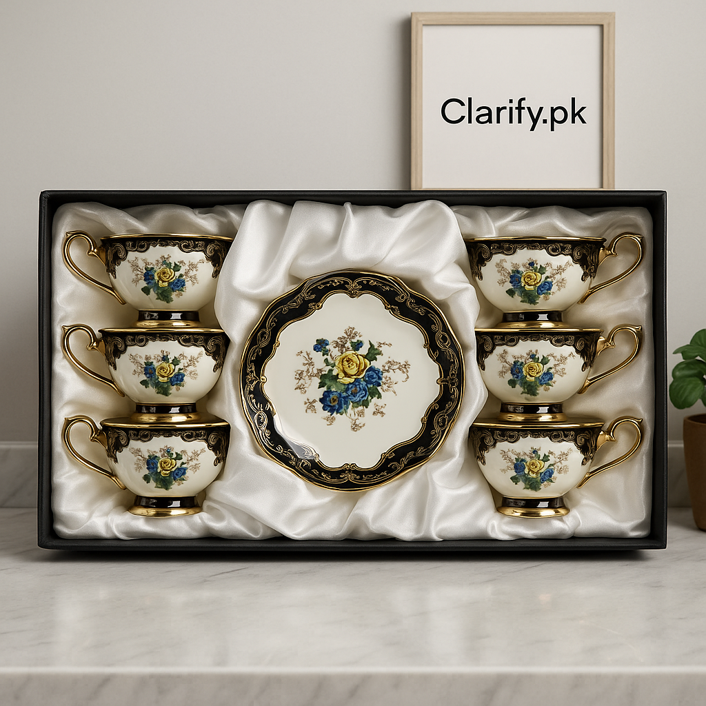 Ceramic 6 Pcs Cup & Saucer Set – Black & White Floral Gold Handle Design