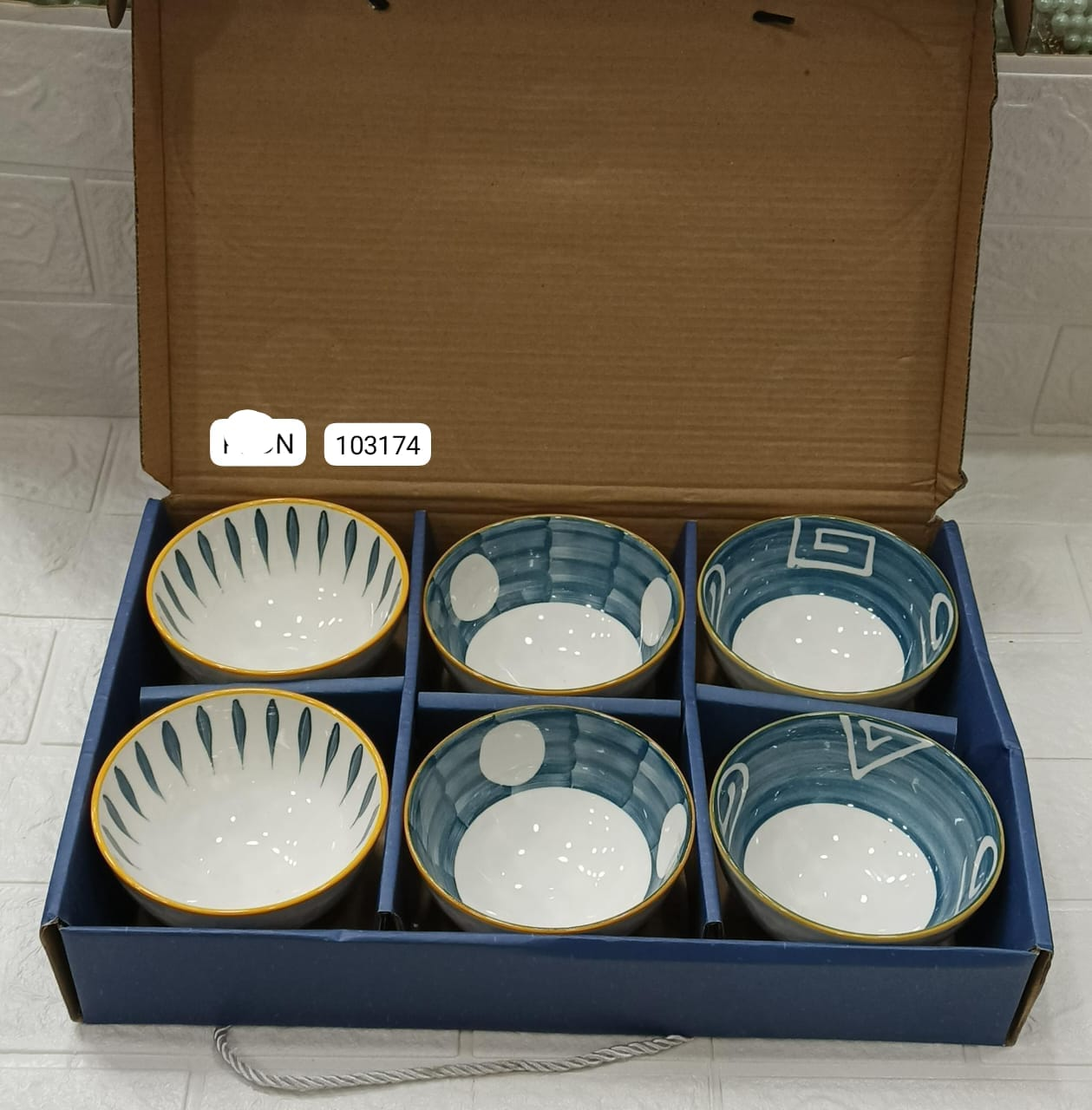 Ceramic Bowl Set Pack of 6 - Modern Blue Abstract Design