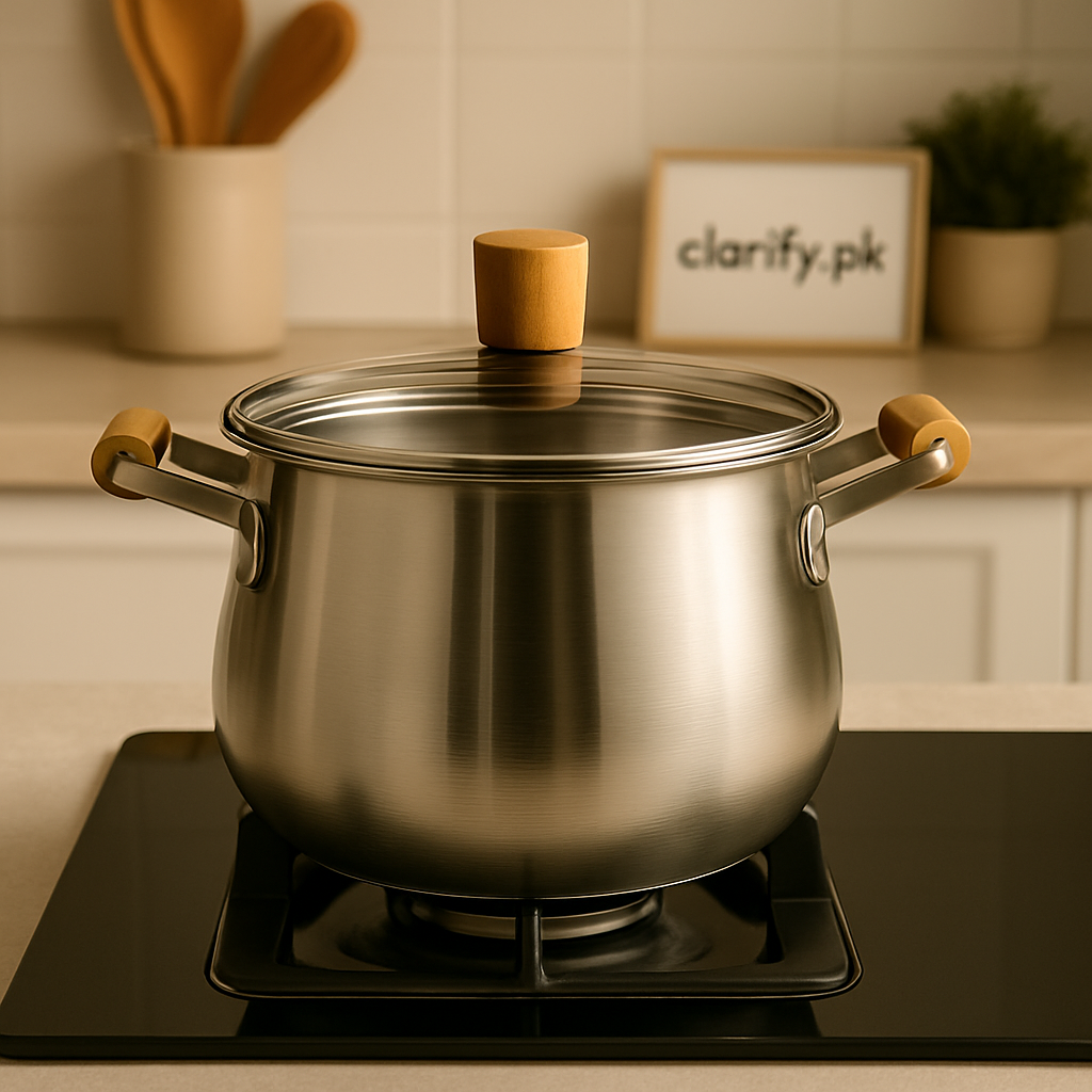 Elegant Stainless Steel Cook Pot – Wooden Grip Handles & Clear Lid