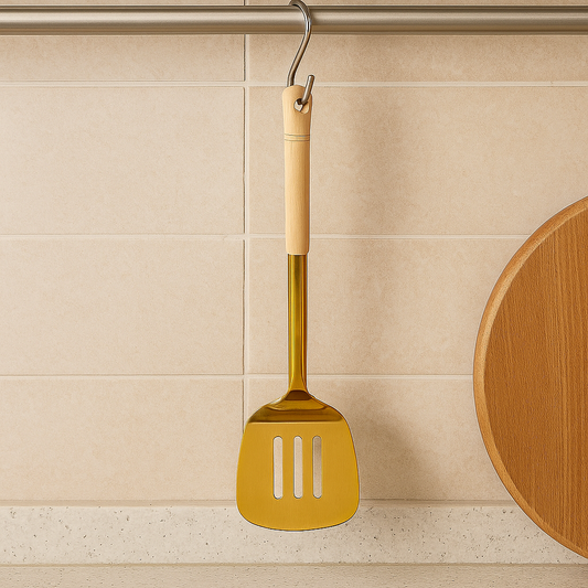 Stainless Steel Golden Turner Spatula with Wooden Handle – Premium Kitchen Tool