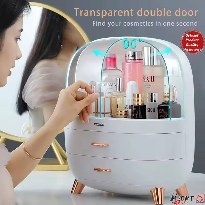Clarify.pk dustproof waterproof makeup organizer with transparent double door and rose gold accents