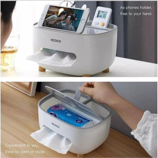 White Ecoco tissue box holder with phone stand feature and easy open lid design on wooden surface