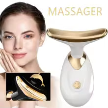 Clarify.pk electric face firming massager in gold and white with a woman demonstrating its use