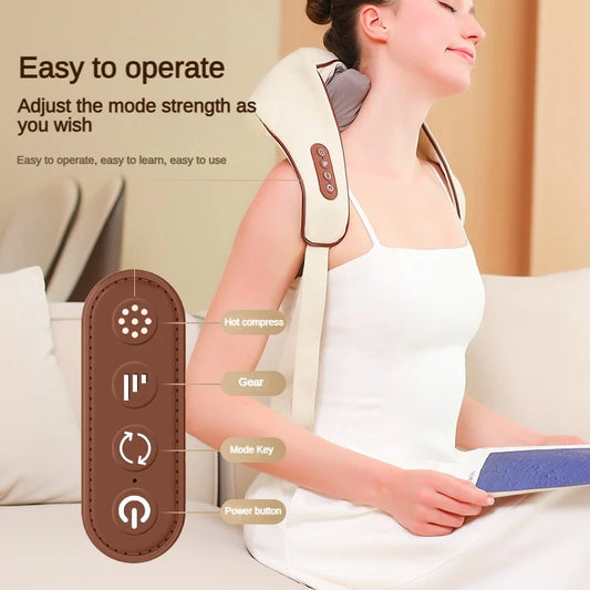 Woman using electric neck and shoulder massager in beige with easy-to-operate control panel