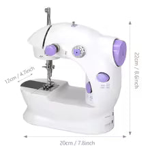Compact white electric sewing machine with light and purple accents ideal for home sewing projects