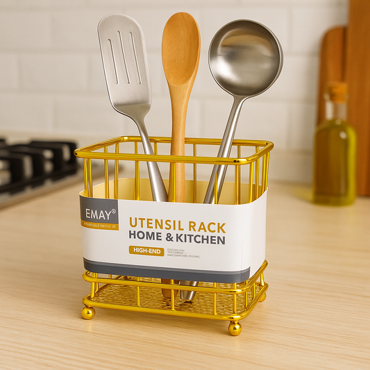 Golden spoon holder rack utensil organizer with metal frame holding kitchen spoons and spatula on countertop