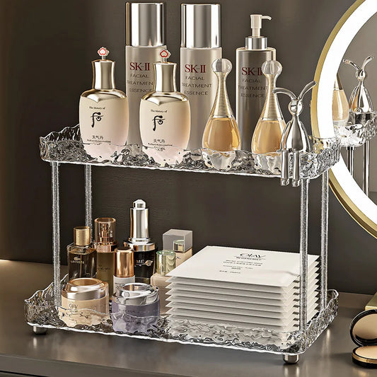 Clarify.pk elegant bathroom organizer shelves with two tiers holding skincare bottles and cosmetic jars