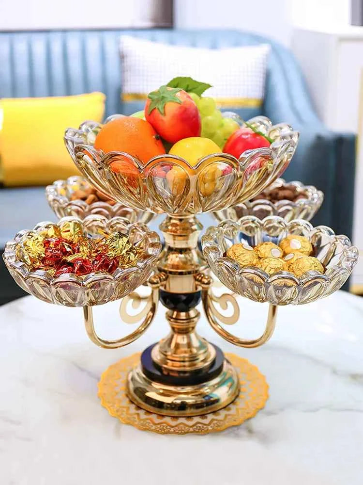 Elegant European ceramic snack tray with multiple bowls for serving fruits and sweets
