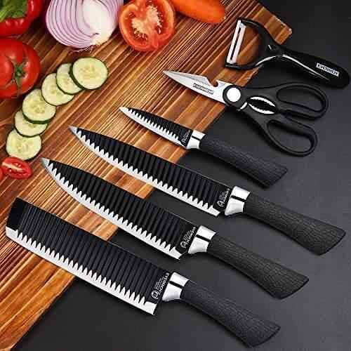 6-piece kitchen knife set with black ergonomic handles and variety of knives for chopping and slicing