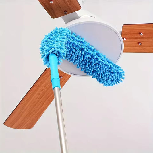 Blue extendable dust removal brush cleaning wooden ceiling fan blades from Clarify.pk