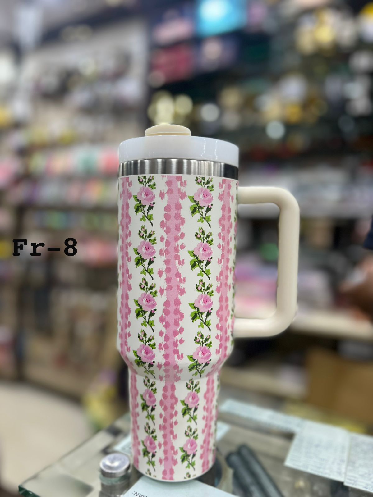 Premium Pink Stripes & Roses 40oz Tumbler With Handle – 1200ml