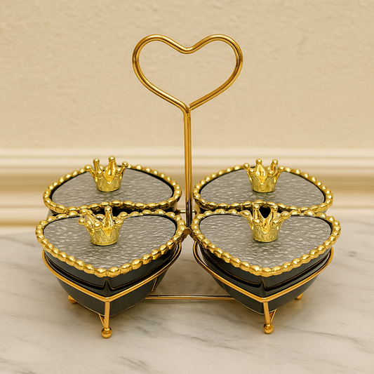 Luxury 4 Pcs Ceramic Bowl Set – Golden Stand & Crown Lids
