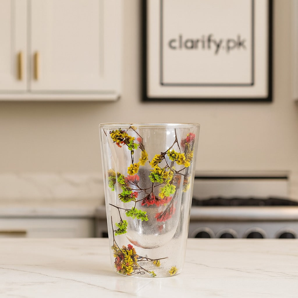 Premium Floral Double Wall Glass Cup – Heat Resistant