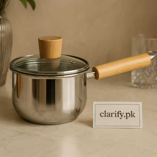Stainless Steel Saucepan – 18cm Cook Pot with Wooden Handle & Glass Lid