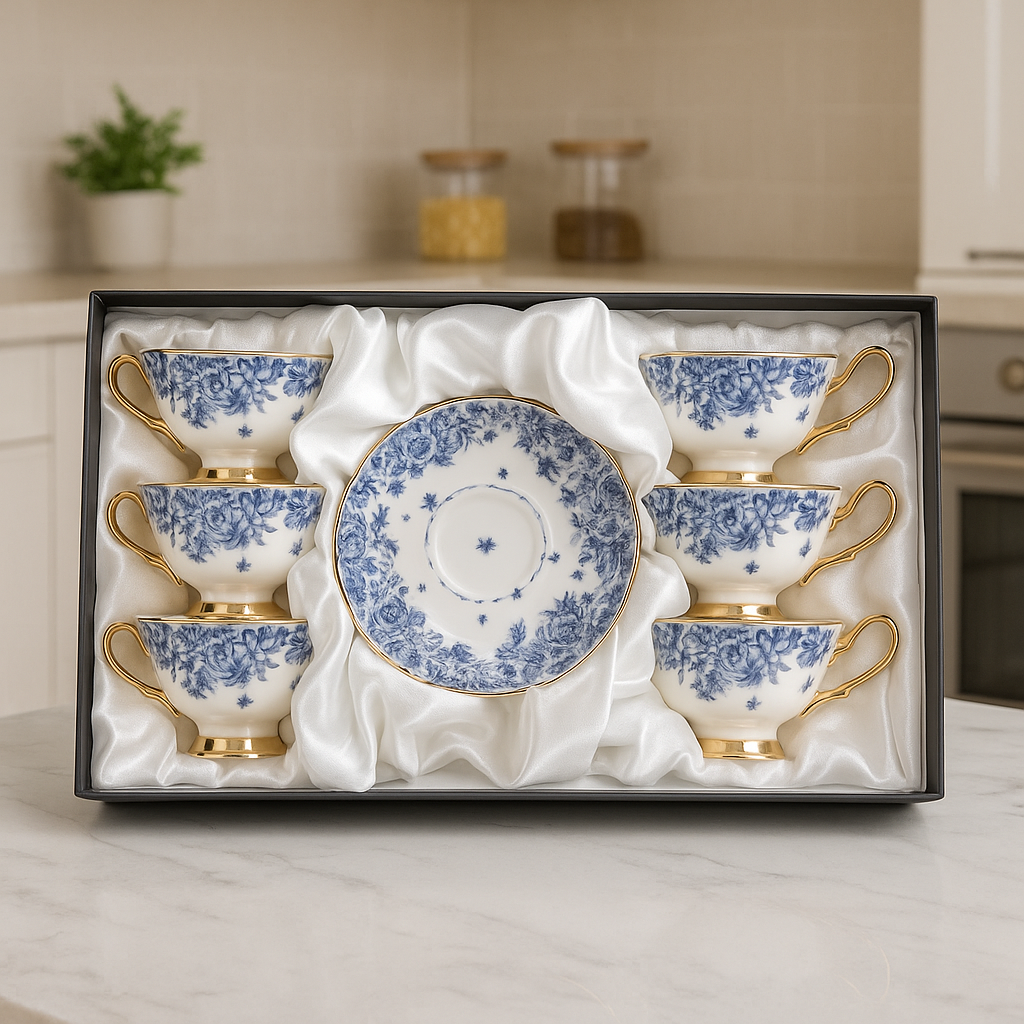 Ceramic 6 Pcs Cup & Saucer Set ā Blue Rose Floral Gold Handle Design