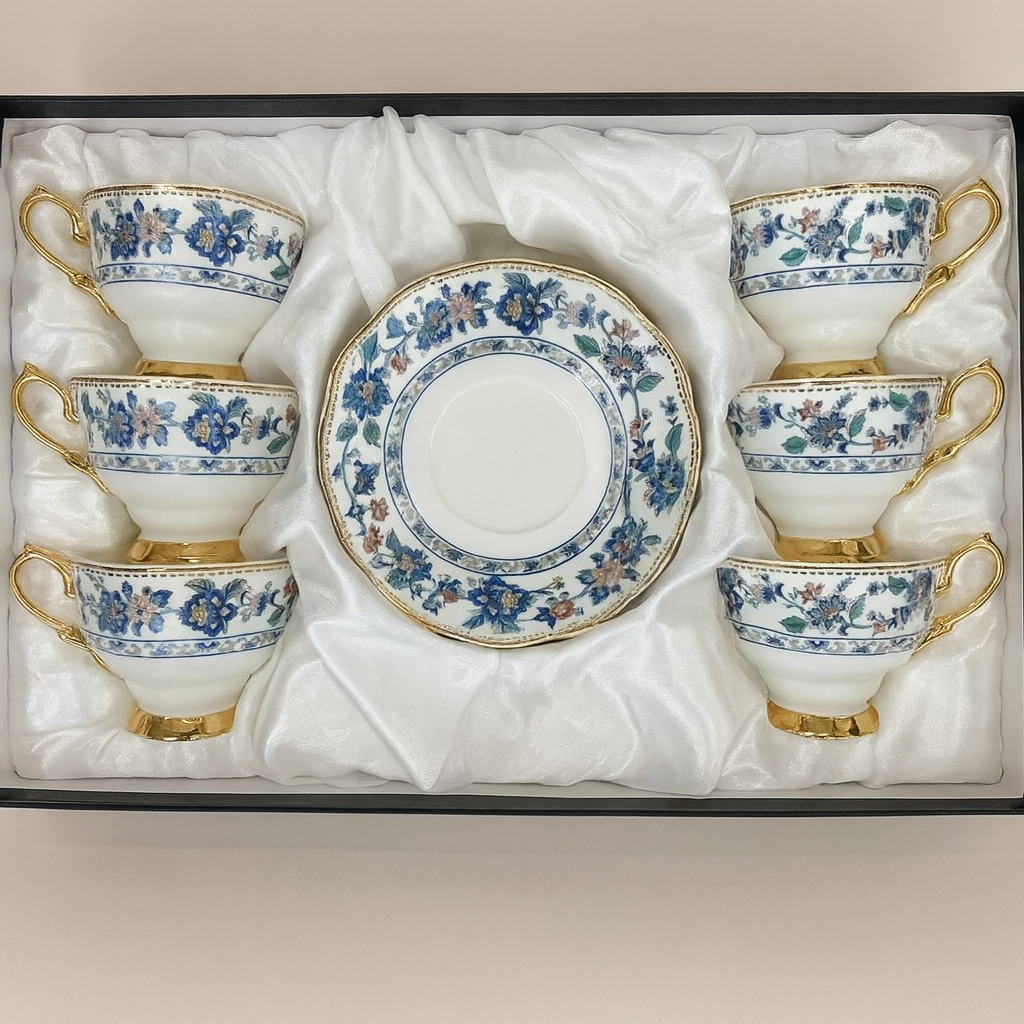 Ceramic 6 Pcs Cup & Saucer Set – Royal Blue Floral Gold Handle Design