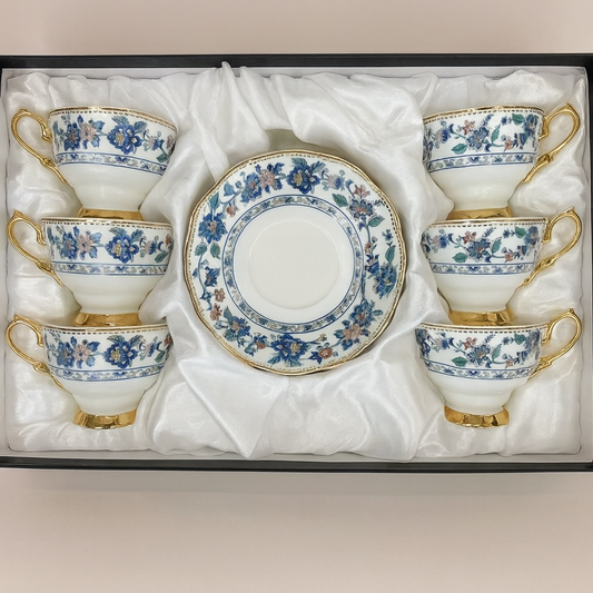 Ceramic 6 Pcs Cup & Saucer Set – Royal Blue Floral Gold Handle Design