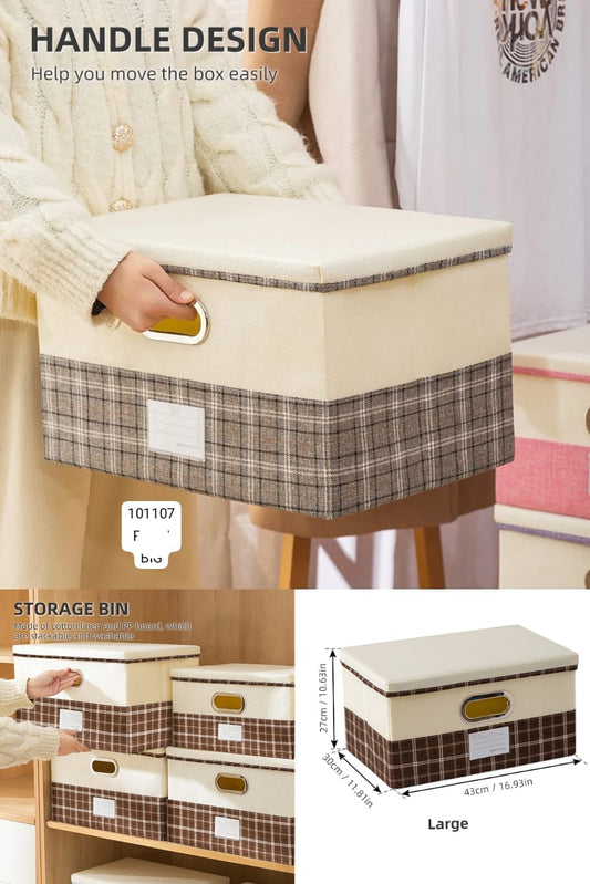 Beige and brown plaid fabric storage boxes for clothes with handle design for easy moving