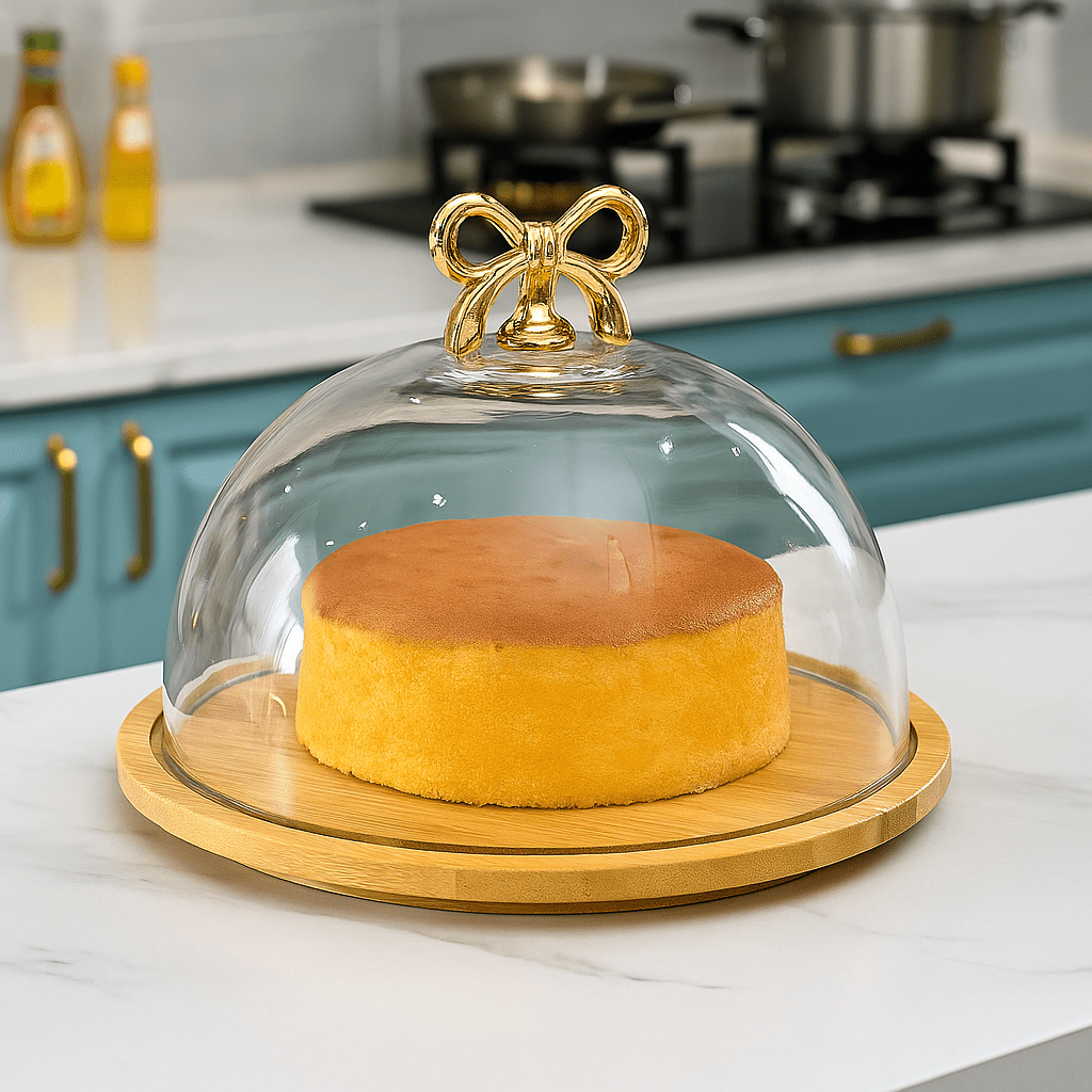 Fancy Cake Dome with Cover – Bamboo Wooden Base - Clarify.pk