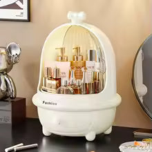 Clarify.pk 360 degree makeup organizer in white with multiple compartments and bottles neatly arranged