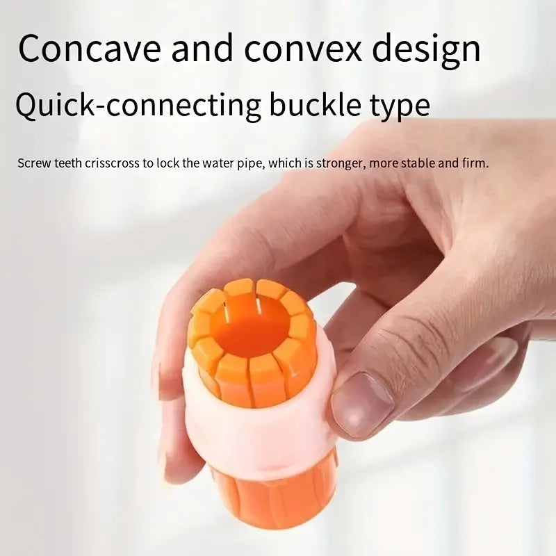 Hand holding orange and white faucet connector hose quick-connect buckle with concave and convex design
