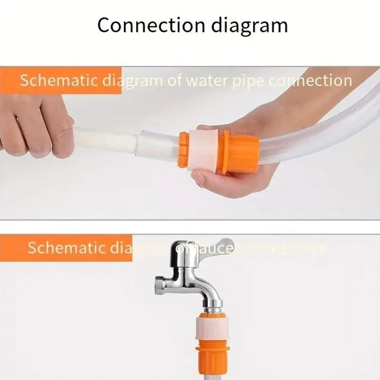 Schematic diagram showing faucet connector hose installation on water pipe and metal faucet