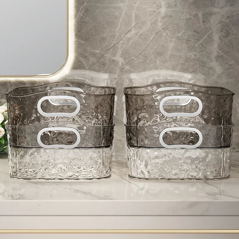 Clarify.pk foldable laundry hamper storage baskets transparent with white handles on marble countertop