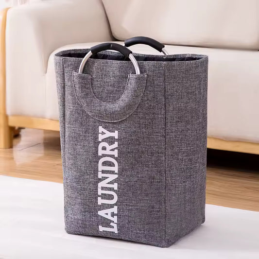 Clarify.pk foldable laundry hamper with handles in gray fabric for easy storage and transport