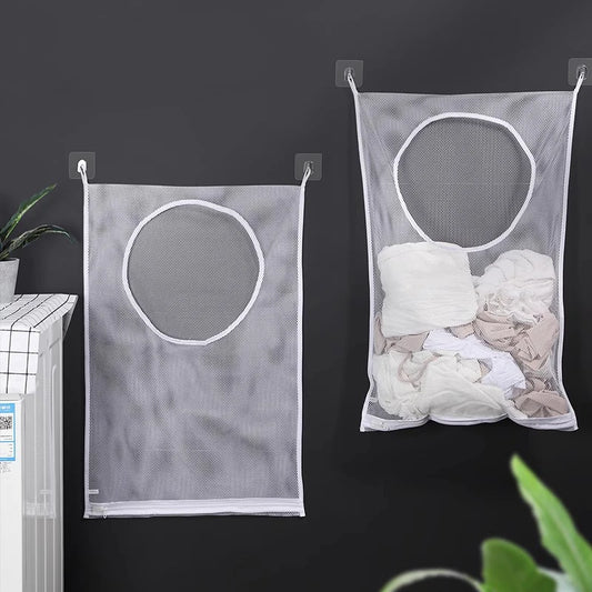 Clarify.pk foldable mesh clothes organizer wash bag hanging on wall with laundry inside