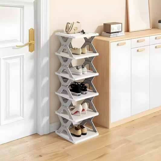 Clarify.pk foldable shoe rack with five tiers holding various shoes and a handbag in a modern room