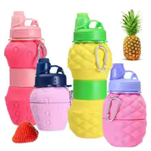 Colorful foldable silicone bottle 700ml with carabiner clips in pink green blue and purple colors