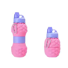 Clarify.pk foldable silicone bottle 700ml in pink with purple cap shown folded and expanded