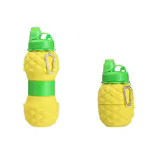 Clarify.pk foldable silicone bottle 700ml in yellow with green cap and carabiner clip shown expanded and collapsed