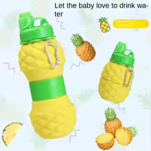 Foldable silicone bottle 700ml in yellow pineapple design with a green cap and carabiner clip
